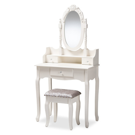 Baxton Studio Veronique White Finished Wood 2-Piece Table with Mirror and Ottoman 151-9208